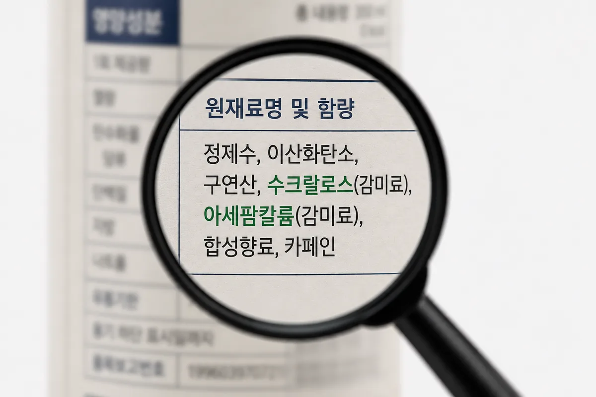 돋보기로 들여다본 제로 음료의 원재료명 — 수크랄로스·아세설팜칼륨 감미료
