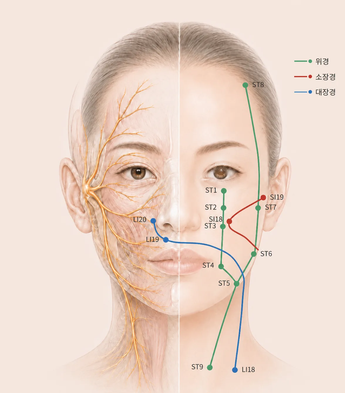 안면신경과 안면 경락 비교