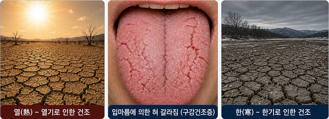 열기 · 구강건조 · 한기로 인한 건조 비교